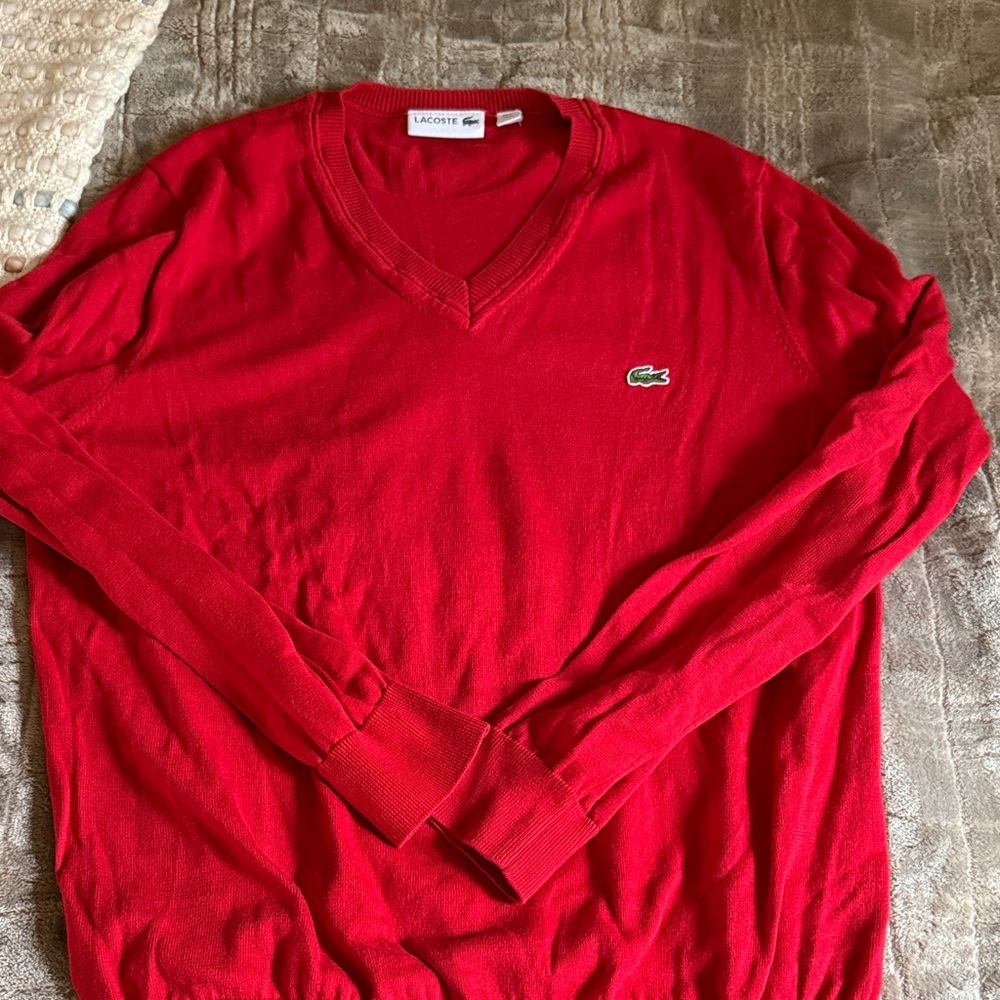 Lacoste Men's Bright Red V-Neck Sweater with Crocodile Logo
